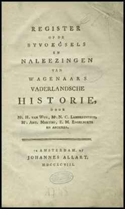 Picture of Register op de byvoegsels en naleezingen van Wagenaars vaderlandsche historie