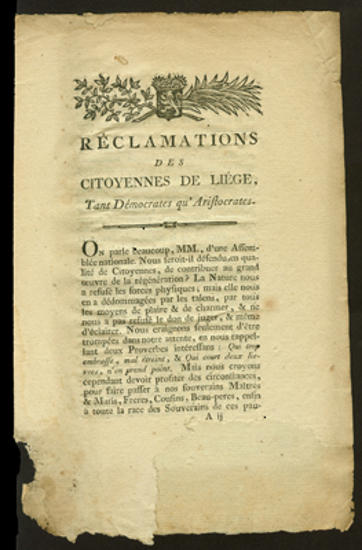 Image de Réclamations des citoyennes de Liége, tant Démocrates qu' Aristocrates. La révolution brabançonne de 1789. - De Brabantsche Omwenteling van 1789