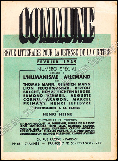 Picture of Commune : revue littéraire pour la défense de la culture. Février 1939. Numéro spécial consacré à l'humanisme Allemand